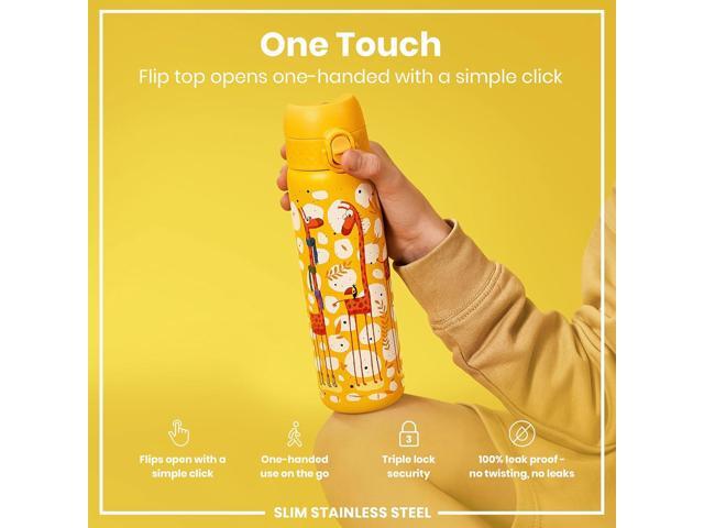 Ion8 Steel Water Bottle, 600 ml/20 oz, Leak Proof, Easy to Open, Secure Lock, Dishwasher Safe, Flip Cover, Fits Cup Holders, Carry Handle, Durable,...