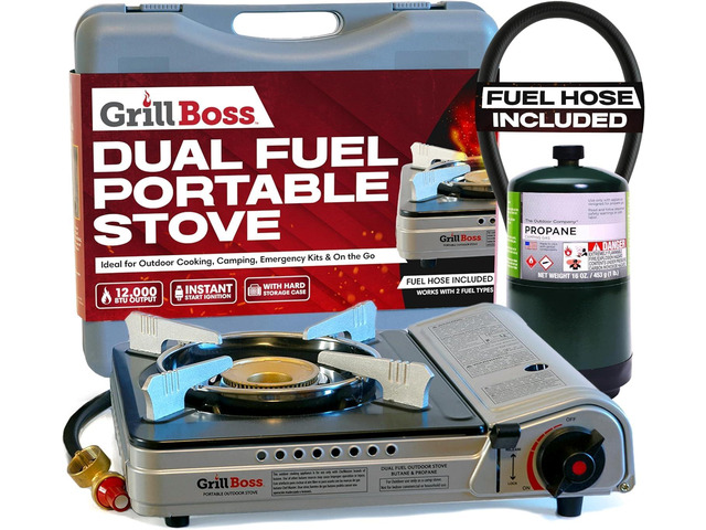Grill Boss Dual Fuel Camp Stove - 12,000 BTU Butane & Propane Portable Stoves for Camping, Emergencies, BBQ, Hiking & Backpacking - Double Wind...