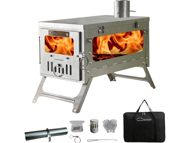 TSG Portable TA1 Titanium Tent Wood Stove for Backpacking Camping, Collapsible Hot Tent Stove Rollable Chimney Pipe Cooking Hiking (Small/Large)