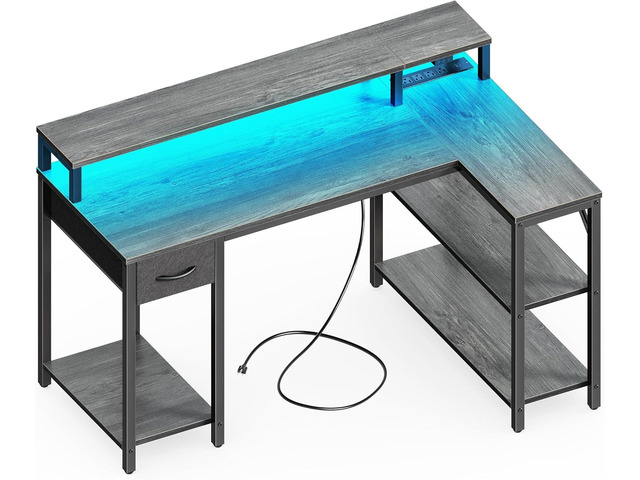 SUPERJARE 47 inch Reversible L Shaped Desk with LED Lights & Power Outlets, Computer Desk with Shelves & Monitor Stand, Gaming Desk with Drawer,...
