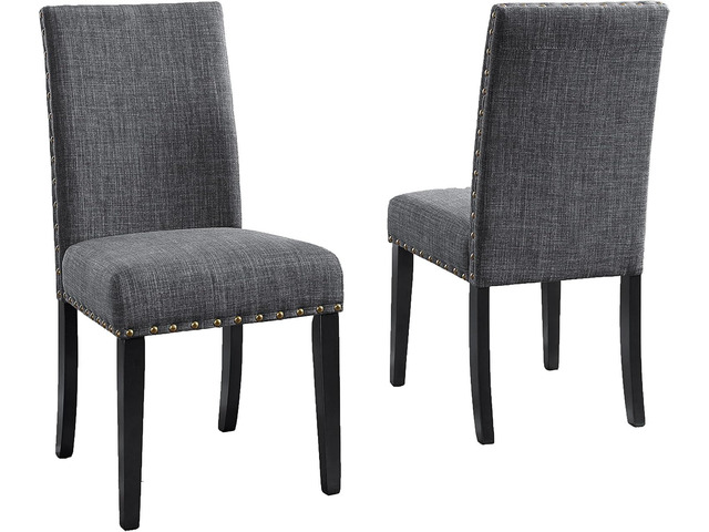 Roundhill Furniture Biony Gray Fabric Dining Chairs with Nailhead Trim, Pack of 2
