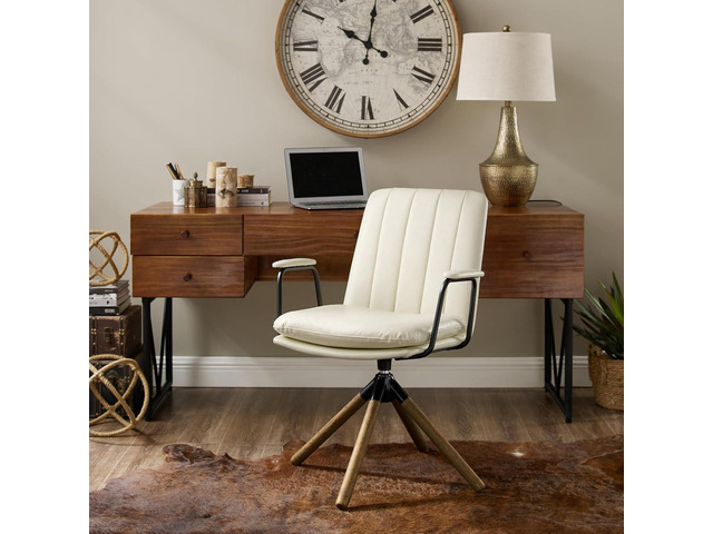 Art Leon Mid Century Swivel Accent Chair No Wheels, Faux Leather, White