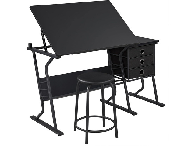 Yaheetech Tilting Drafting Table Art Craft Desk with Stool, Drawers, Black