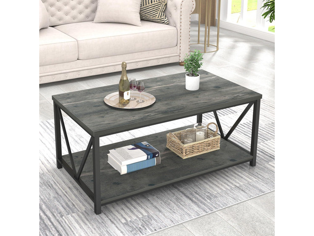 EXCEFUR Coffee Table, Rustic Wood and Metal Center Table for Living Room, 39.3 Inch Grey