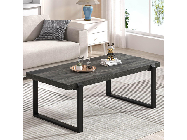 EXCEFUR Modern Coffee Table, Rustic Wood and Metal Center Table, Rectangle Cocktail Tea Table for Living Room, Grey, 44 Inch