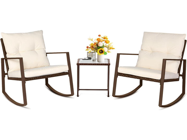 SUNCROWN 3 Piece Outdoor Rocking Bistro Set Brown Wicker Furniture Porch Chairs Conversation Sets with Glass Coffee Table, Beige