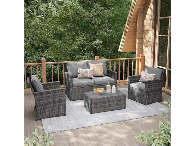 JOIVI 4 Pcs Patio Furniture Set, Wicker Patio Conversation Set, Light Gray