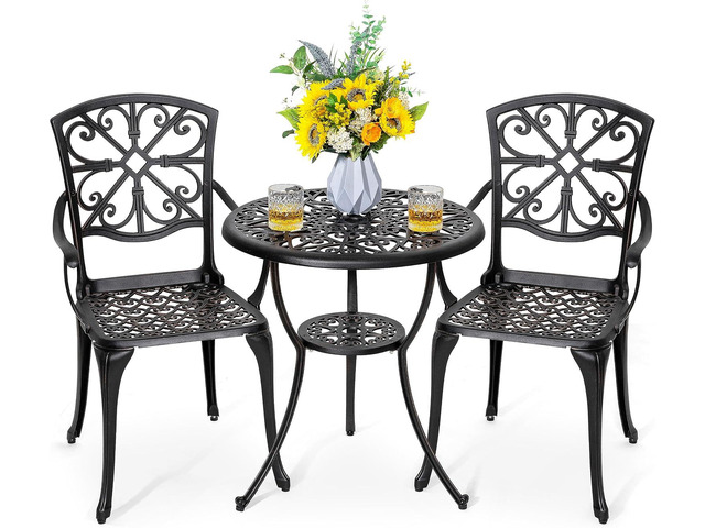 NUU GARDEN 3 Piece Outdoor Bistro Set Cast Aluminum Patio Set Bistro Table Set Rustproof Patio Table and Chairs with Umbrella Hole for Backyard,...