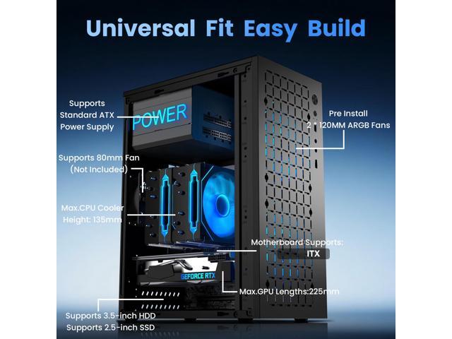 Itx case with 2 * ARGB Fan, High Airflow Micro ATX PC case, Support MATX (Remove Fan), Mini ITX, Micro ATX case Slim with USB 3.0 (Black with Fan)