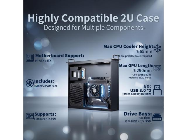 2U Rackmount Chassis, Micro-ATX Server Case, Supports 2 x 3.5 HDD & 1 x 2.5 SSD, ATX PSU Compatible, 4 PCIe Slots, Ventilated Cooling, USB 3.0 Ports
