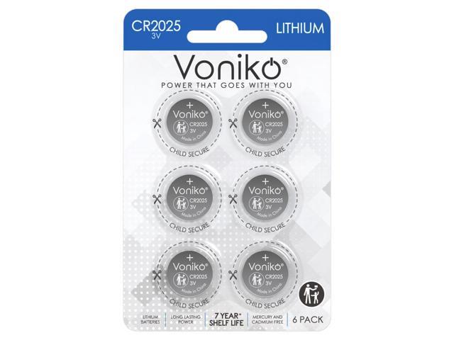 Voniko CR2025 3V Lithium Batteries 6 Pack for Child Safety, Compatible with Remotes, Key Fobs, Watches, Calculators - 7 Years Shelf Life