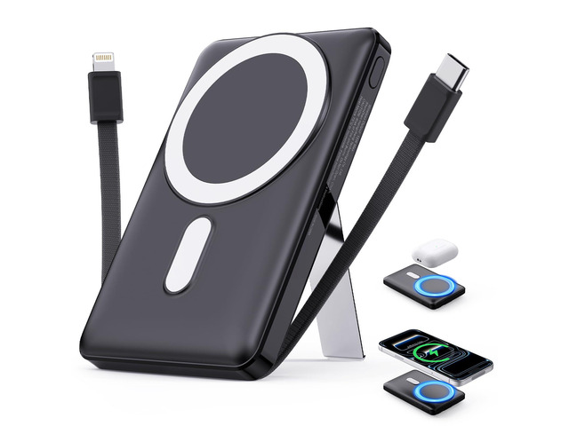 10000mAh Magnetic Power Bank with Built-in Cables Battery Pack for iPhone MagSafe Portable Charger LED Display Wireless Charger Travel Essential...