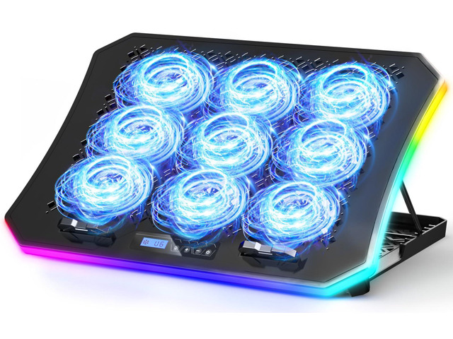 Upgraded Gaming Laptop Cooler Pad with 9 Quiet RGB Fans, Cooling Pad for 15.6-17.3 Inch Laptops with 7 Height Stands, 2 USB Ports, Phone Stand-Blue