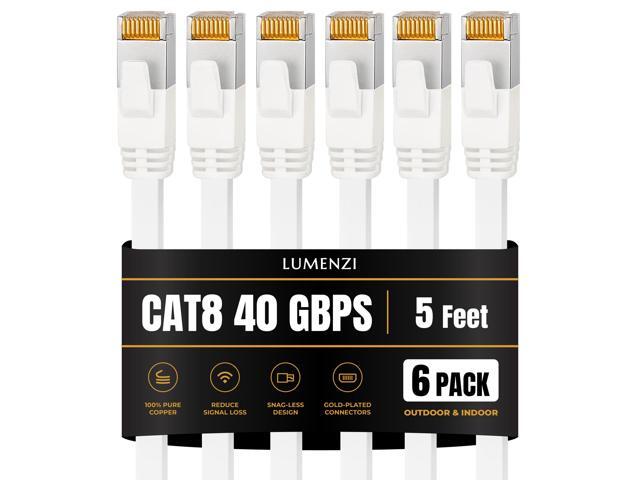 Cat8 Flat Ethernet Cable 5ft, 6 Pc Pack, 40Gbps 2000MHz Network Patch Cord, S/FTP Shielded LAN Cable with RJ45 Connectors, for Gaming, Router,...