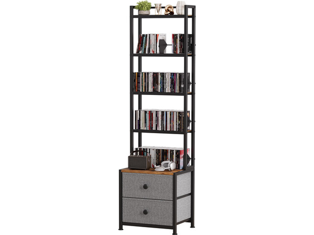 CD Storage Rack with Drawer, 5-Tier DVD Organizer Shelf w/Adjustable Book Stoppers, Media Storage Rack for CD/DVD, Books & Games, Ideal for Living...