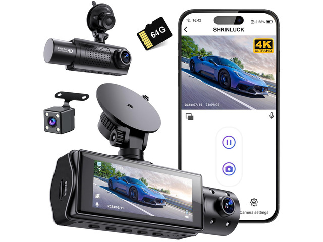 4K WiFi Dash Cam Front and Rear Inside, Free 64G SD Card, 2160P+1080P+1080P FHD 3 Channel Dash Camera for Cars, Night Vision, 24H Parking Monitor,...