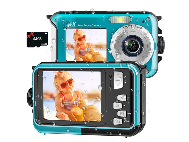 4K Underwater Camera, 16FT Waterproof Camera, 64MP Dual-Screen Autofocus, Floatable Compact Design, 32GB Card, 1250mAh Battery and Type-C Port for...