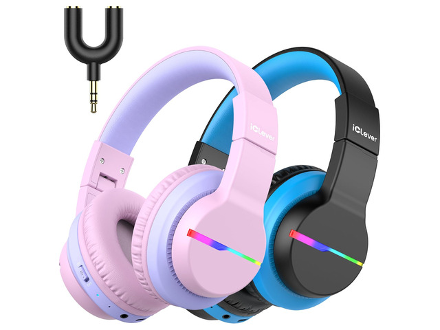 BTH12 Kids Bluetooth Headphones 85H Playtime with LED Lights Travel SafeSound Tech, Stereo Sound, USB C Charging AUX Cable Over Ear Built-in Mic,...