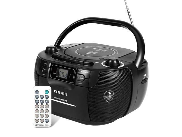TR621 CD Player Boombox, Cassette Tape Player AM FM Radio, Stereo Sound, USB and TF Card Playback with Remote Control, Tape Recording, for Home(Black)