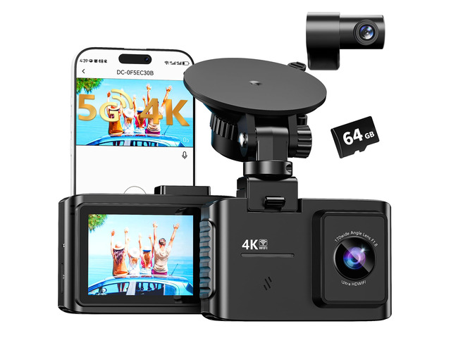 Dash Cam Front and Rear: 4K Dual Channel Dash Cam - 5GHz WiFi, Dash Camera for Cars with 64GB Card, 2' IPS, App Control, G-Sensor, Loop Recording,...