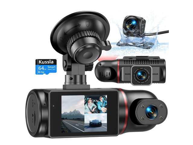 3 Channel Dash Cam Front Rear Inside, 1080P Car Camera with 64GB Card Super night vision with loop recording, G-Sensor, WDR and 24H parking...