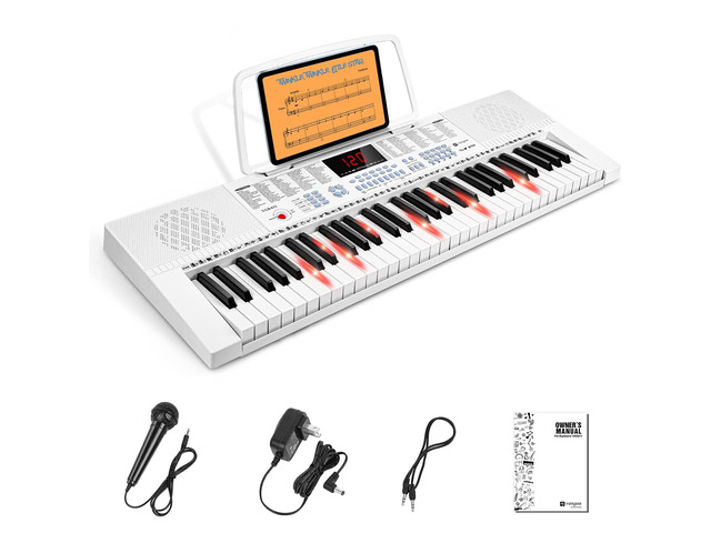 VGK611 Electric Keyboard for Beginner, 61 Keys Portable Music Keyboard With Mini Lighted Keys, Electronic Piano for Kids, Boy, Girl, White