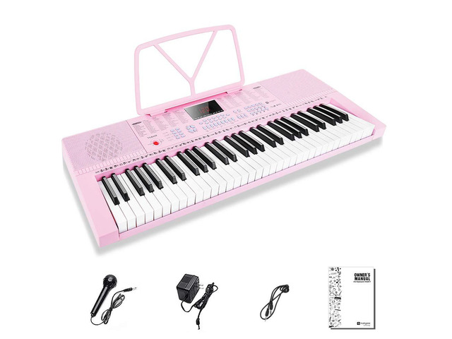 VGK610 Piano Keyboard, 61 Mini Keys Portable Music Keyboard for Beginners with Microphone, 3 Teaching Modes, 350 Tones, 350 Rhythms, 30 Demos, Pink