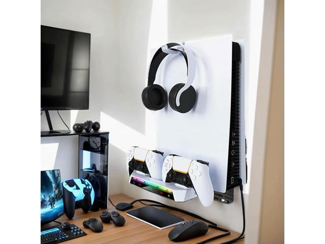 Wall Mount Kit with Charging Station RGB Light Wall Bracket W/ Headset Holder Wall Stand for PS5 Slim/PS5 Console Disc &
