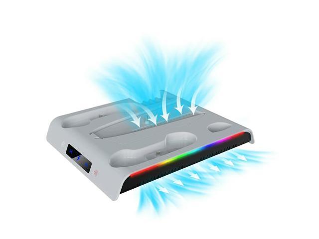 For PS 5 Slim/PS 5 Pro Stand Charging Station Dock 3 Levels Cooling Fan Base Holder with Controller Charging RGB Lights for PS 5
