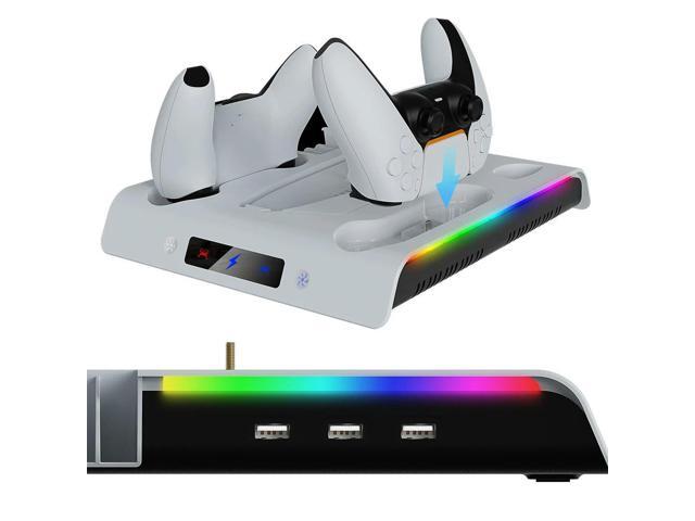 For PS 5 Slim/PS 5 Pro Stand Charging Station Dock 3 Levels Cooling Fan Base Holder with Controller Charging RGB Lights for PS 5