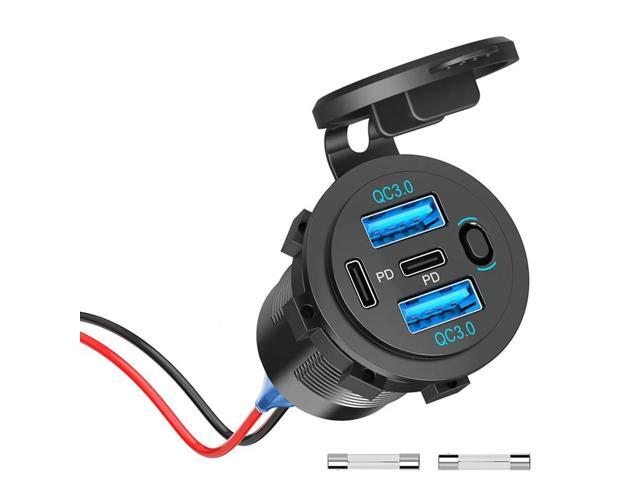 USB C PD Socket 12V Car Charger - Waterproof Installation Box With Switch Panel For Motorhome,Truck,Motorcycle,Boat