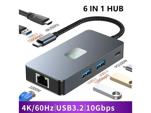 6-In-1 USB C Hub Laptop Docking Station Gigabit+USB3.2(10Gbps)+4K/60Hz HD+PD100W Fast Charge