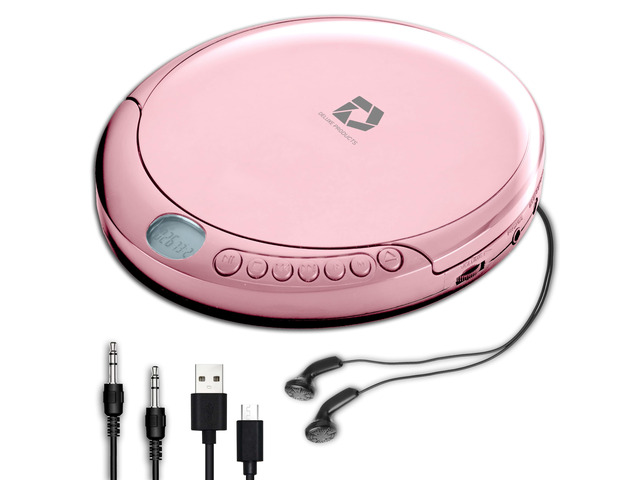 CD Player Portable with 60 Second Anti Skip, Stereo Earbuds, Includes Aux in Cable and AC USB Power Cable for use at Home or in Car. Pink