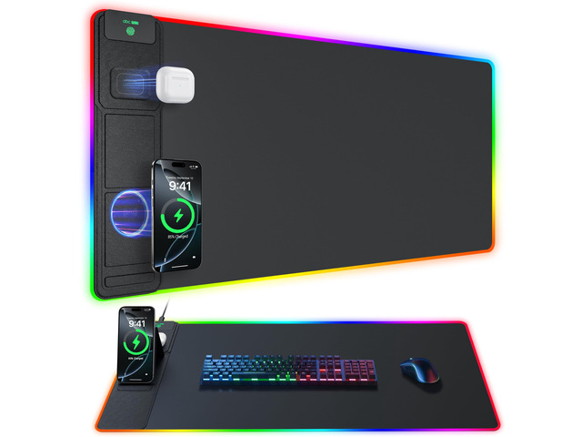 Wireless Charging Mouse Pad with Phone Stand, 31.5'x15.8' Large Gaming Mousepad RGB Desk Mat, Smooth Glide, Stitched Edge, Non-Slip Rubber Base,...