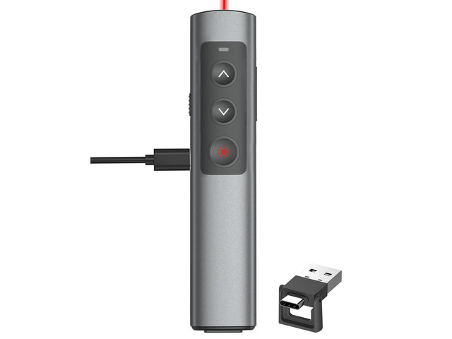 Metal Presentation Clicker for PowerPoint with 2in1 USB/Type C Receiver Rechargeable Wireless Presenter Remote with Red Laser Pointer for...