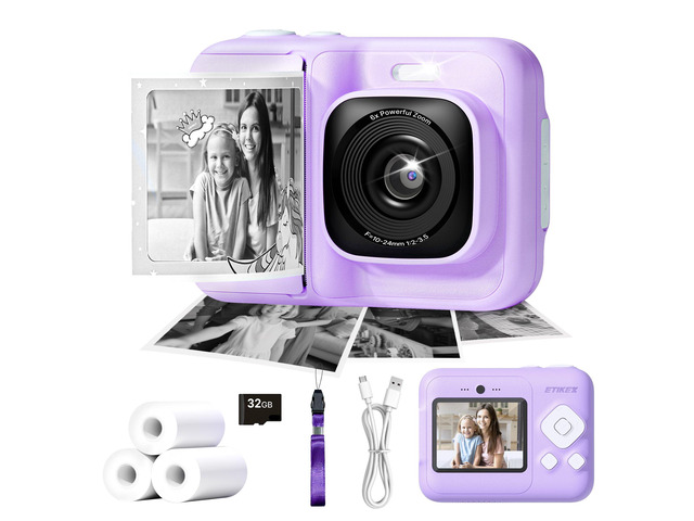 Kids Camera,1080P Instant Digital Print, Dual Lens,32GB Card, Purple Funny Instant Printing, Safe,Durable &Easy to Use, Birthday for Boys & Girls...