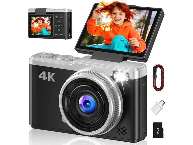 Digital Camera, 64MP & 2.4'' Vlogging Camera for Beginners,180° Flip Screen Point and Shoot Digital Cameras with 16GB SD Card for Teenager Adult