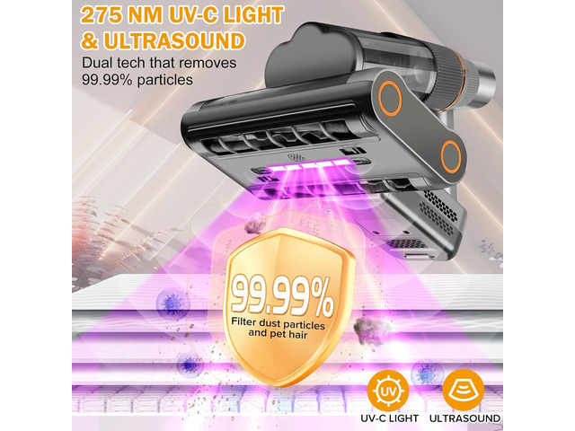 Powerful Mattress Vacuum Cleaner,Handheld Bed Vacuum with UV-C Light, 16Kpa Strong Suction, 30000 RPM Dual Drum Brushes, 140°F Hot Air & Ultrasonic...