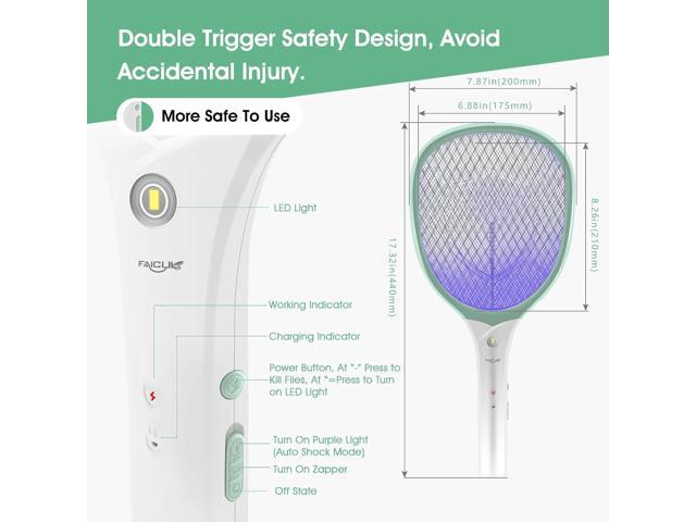 Faicuk Rechargeable Handheld Bug Zapper Racket 2 in 1 Electric Fly Swatter (2 in 1 Green)