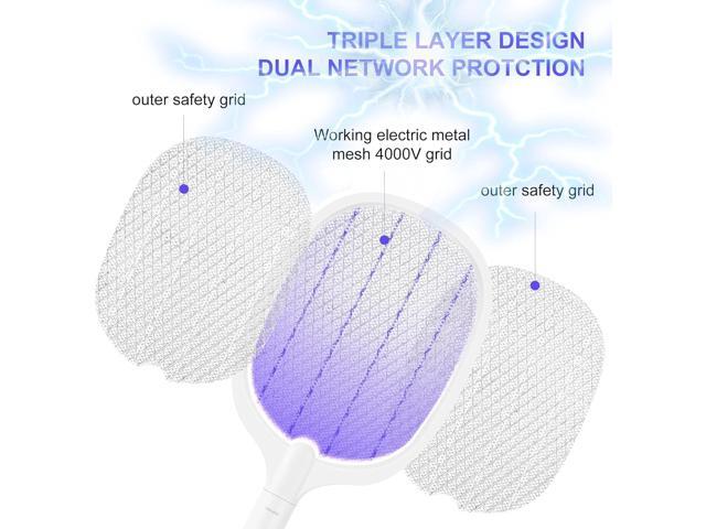 Electric Fly Swatter Racket, 4000V Bug Zapper Racket Rechargeable Fly Zapper Dual Modes Mosquito Swatter Portable with Purple Light & 3-Layer...