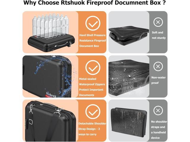 Fireproof Document Box with Lock & Shoulder Strap - Waterproof Hard-Shell File Organizer with Pocket Accordion File Folder, Portable Fireproof Box...