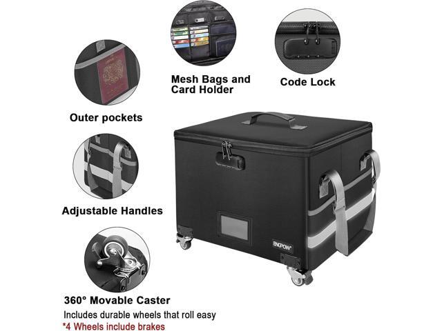 ENGPOW Fireproof Document Box with Wheels, Collapsible File Box with Lock, Rolling File Storage Organizer Filing Cabinet with Pockets, Portable...