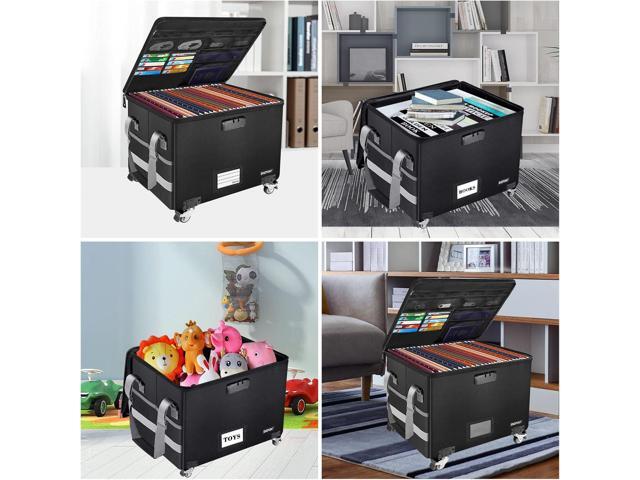 ENGPOW Fireproof Document Box with Wheels, Collapsible File Box with Lock, Rolling File Storage Organizer Filing Cabinet with Pockets, Portable...