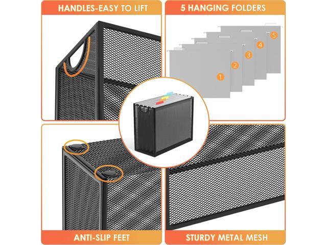 Sinboun Hanging File Organizer Letter-Size File Holder Filing Box Includes 5 Hanging Folders - Metal Mesh Magazine Letter Storage Cabinets File...