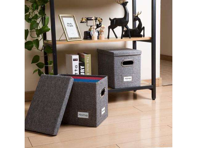 PRANDOM File Organizer Box - Set of 1 Collapsible Decorative Linen Filing Storage Hanging File Folders with Lids Office Cabinet Letter Size Grey...