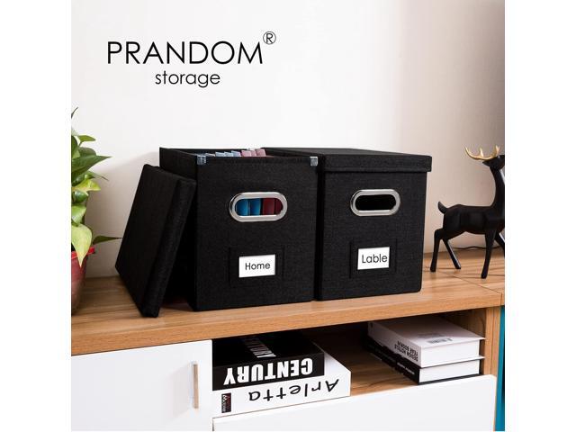 PRANDOM File Organizer Box - Set of 1 Collapsible Decorative Linen Filing Storage Hanging File Folders with Lids Office Cabinet Letter Size Black...