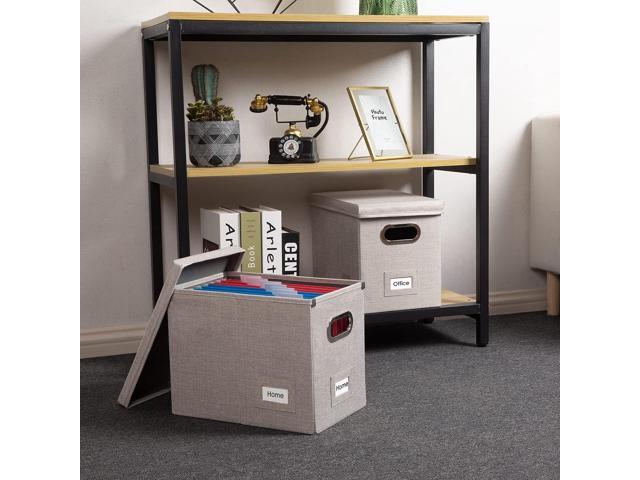 PRANDOM File Organizer Box - Set of 2 Collapsible Decorative Linen Filing Storage Hanging File Folders with Lids Office Cabinet Letter Size Light...