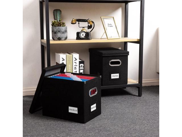 PRANDOM File Organizer Box - Set of 1 Collapsible Decorative Linen Filing Storage Hanging File Folders with Lids Office Cabinet Letter Size Black...