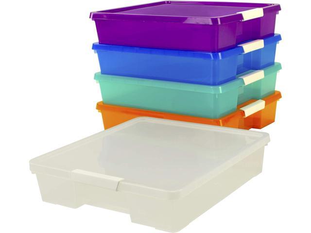 Storex Classroom Student Project Box, Plastic, 15.25 x 13.25 x 3.25 inches, Assorted Tints, 5-Pack (63202U05C), standard sized