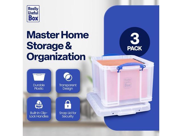 Really Useful Box 3-Pack Clear Plastic Storage Bins with Lids & Clip Handles, 32 Liters - Stackable, Portable and Transparent Organizer Containers...